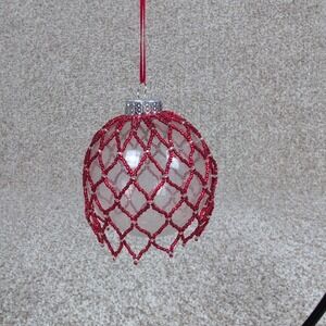 Hand Beaded Red‎ Beaded Christmas Ornament Clear Glass Sphere Holiday Decor